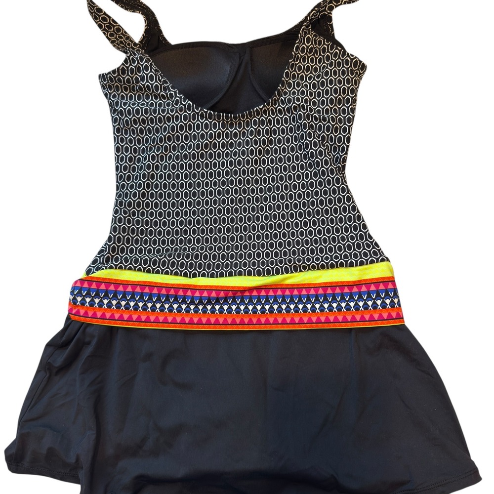 Jag Swim Dress Skirted One Piece Swimsuit Geometric Print Colorful Size M